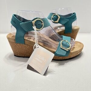 Birkenstock Papillio Wedge Soley Embossed Leather Sandal Biscay Bay‎ Size 40 / 9